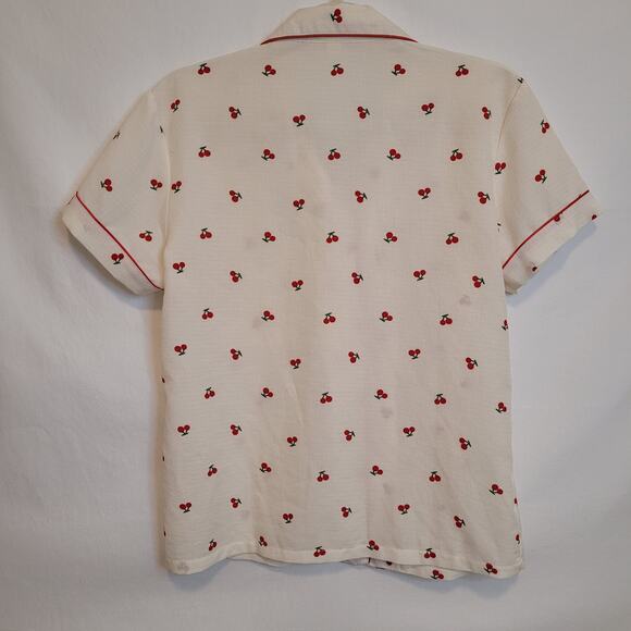 Cherry Button Up Short Sleeve Top Light Yellow/White Sparkly Buttons Size SM - Picture 3 of 6